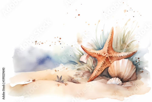 Starfish and shells on the beach. Watercolor. AI generation