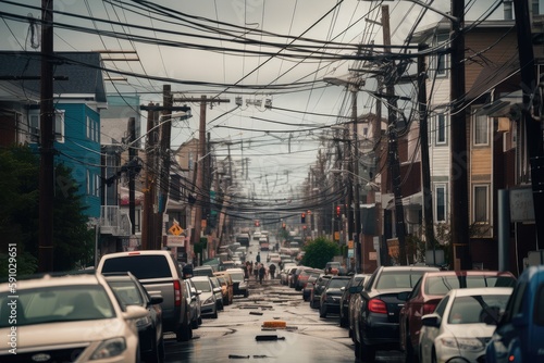 power line hanging dangerously above a busy street, created with generative ai