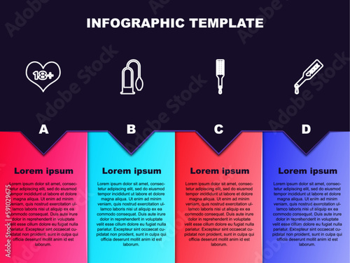 Set line 18 plus content heart, Penis pump, Spanking paddle and . Business infographic template. Vector