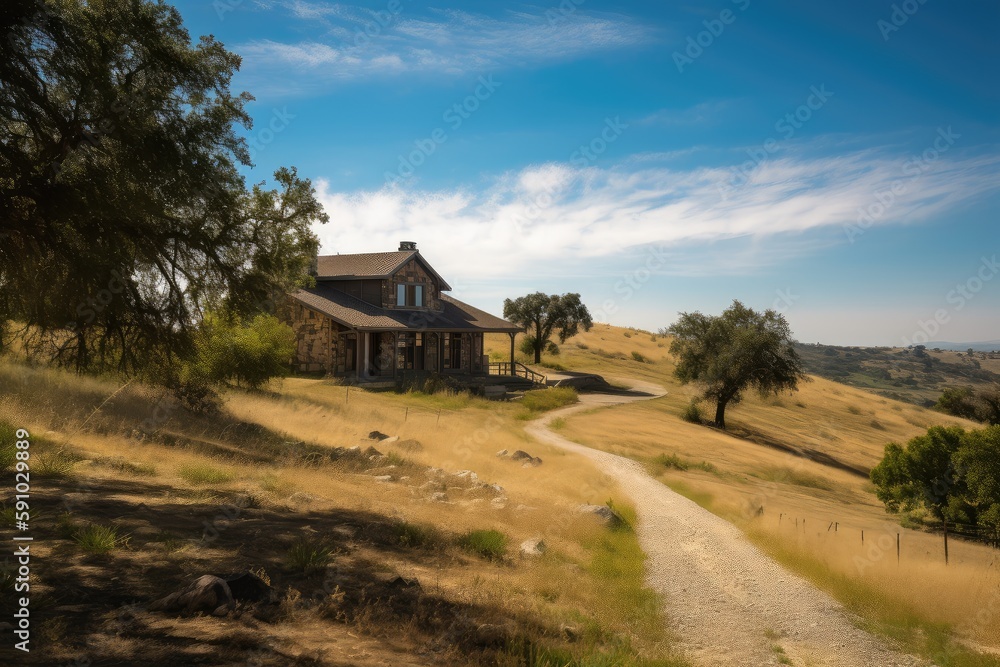 ranch house with panoramic view of valley and rolling hills, created with generative ai ranch house with panoramic view of valley and rolling hills, created with generative ai