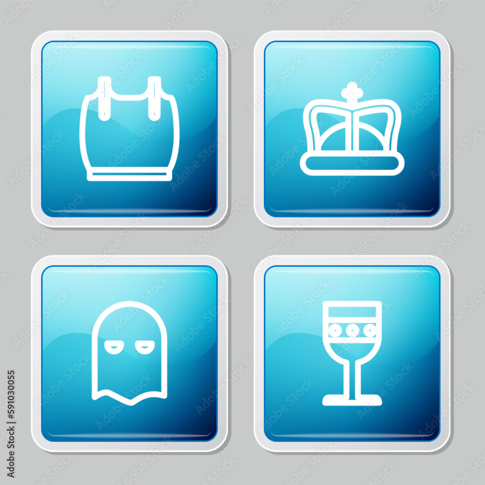 Set line Body armor, King crown, Executioner mask and Medieval goblet icon. Vector Set line Body armor, King crown, Executioner mask and Medieval goblet icon. Vector