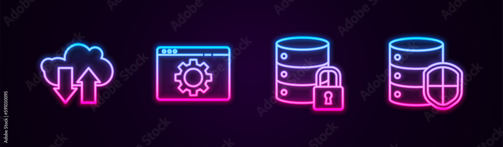 Set line Cloud download and upload, Browser setting, Server security with lock and shield. Glowing neon icon. Vector Set line Cloud download and upload, Browser setting, Server security with lock and shield. Glowing neon icon. Vector