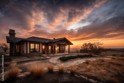 ranch house exterior with dramatic sunset  showcasing the landscape and sky  created with generative ai