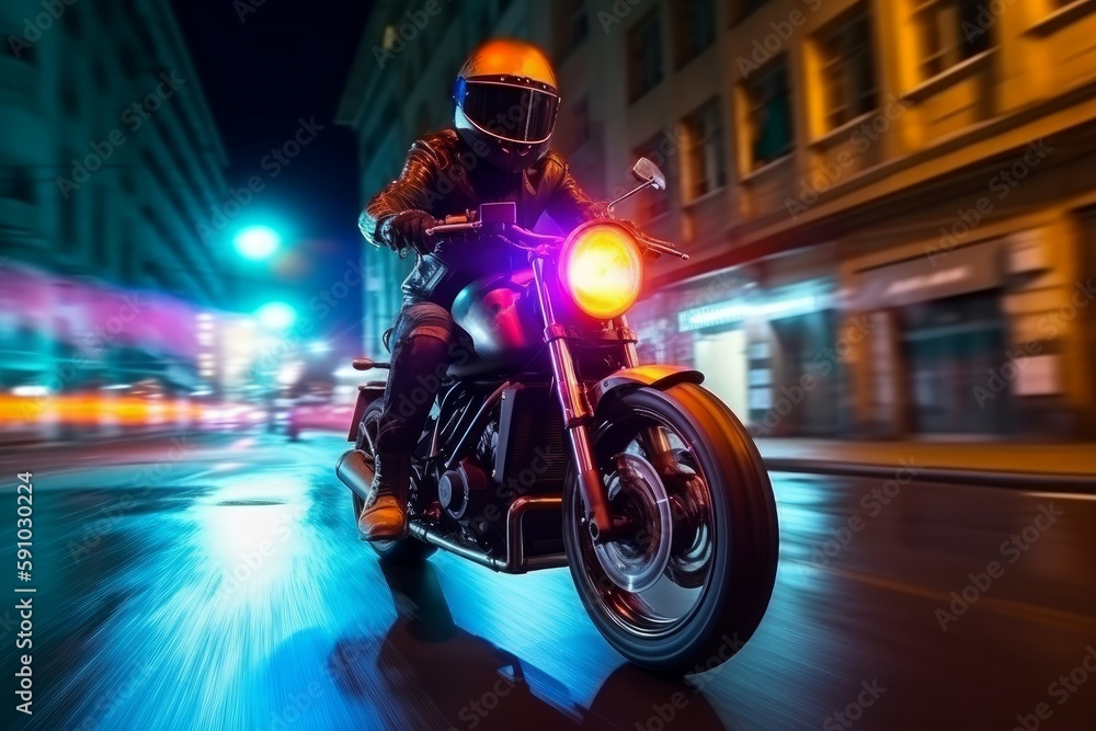 Biker rides in night city. Generate Ai