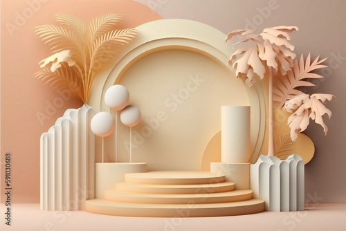 Summer sale orange background abstract design. Minimal cosmetic product display stand 3d rendering illustration. Generative Ai.