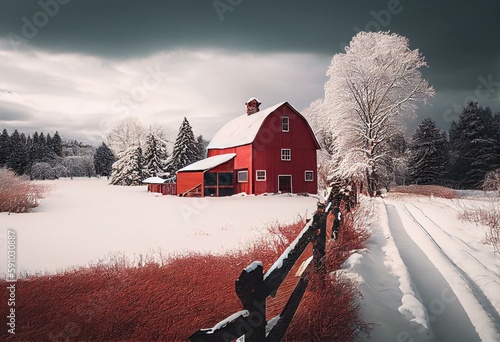 Red barn during winter with snow Stowe Vermont USA. Generative AI photo