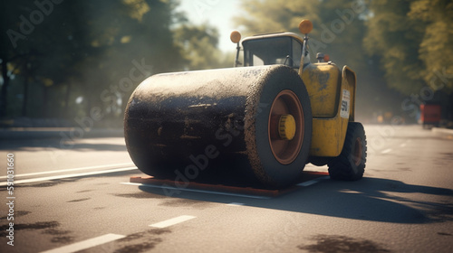 Road roller working on road construction site. Generative Ai
