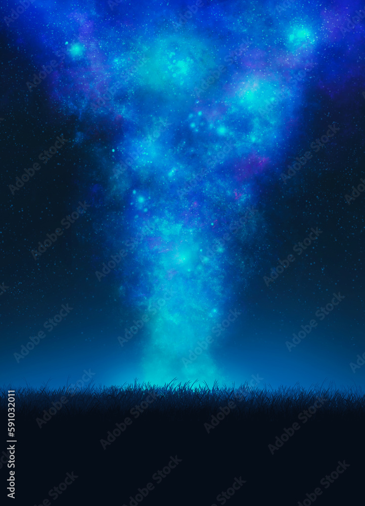 Fantasy scenery nebula on the field. Fantasy galaxy on the sky against the background of a bright blue, digital art style, fine art illustration painting.