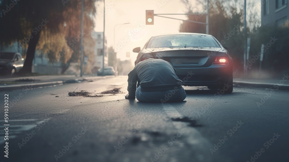 Man lying on the road. Car accident. Generative Ai