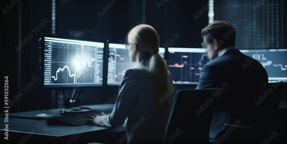 Back view of businessman and businesswoman working with computer in modern office. Generative Ai Back view of businessman and businesswoman working with computer in modern office. Generative Ai