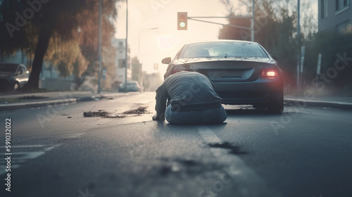 Man lying on the road. Car accident. Generative Ai © andranik123