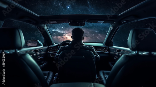 Businessman driving a car in the starry night. Generative Ai