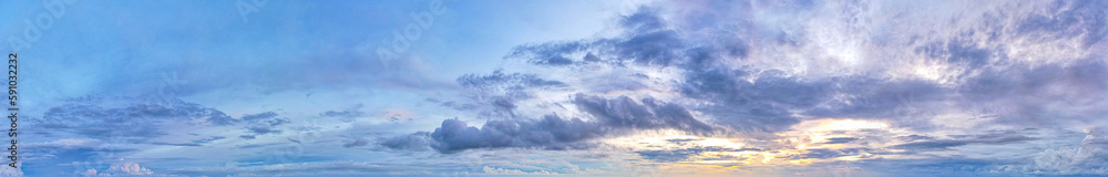 Panorama view of blue sky cloud landscape with evening light, Sky background.