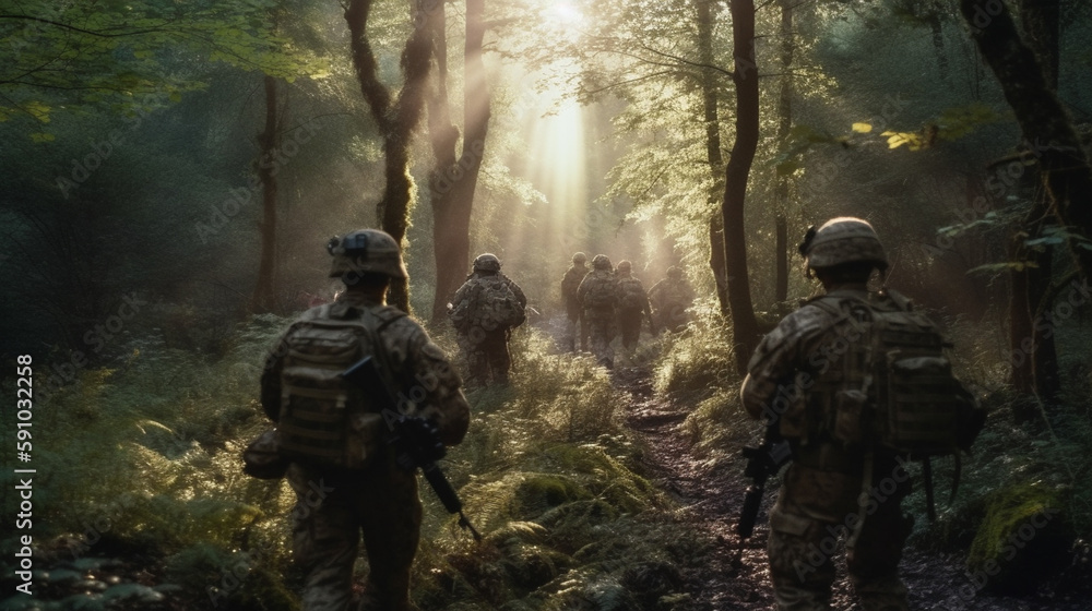 Group of soldiers in the forest. Generative Ai