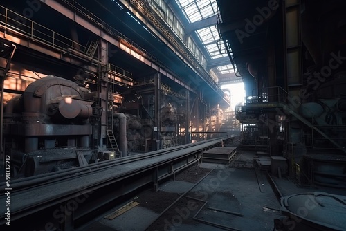 metallurgical plant, with equipment and furnaces visible, producing metal products, created with generative ai