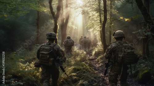 Fotografie, Tablou Group of soldiers in the forest. Generative Ai