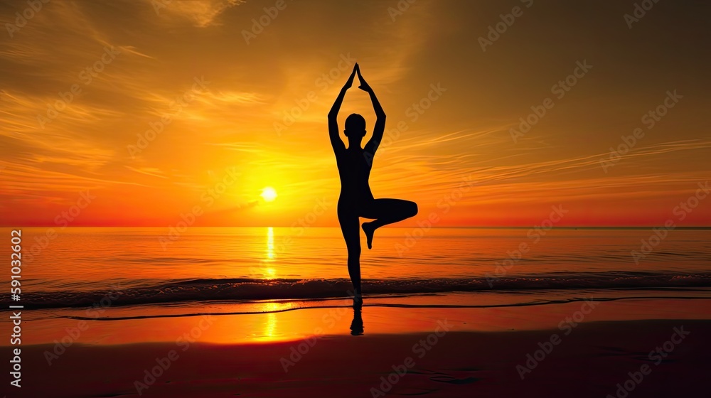 Woman in yoga pose on beach sunset. Generative AI