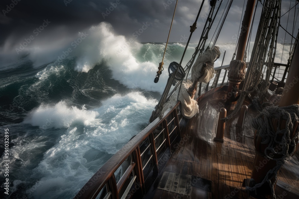 Fototapeta premium pirate ship in storm, waves crashing against the deck, created with generative ai
