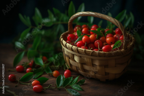 Lingoberry on a wooden basket freshly harvested