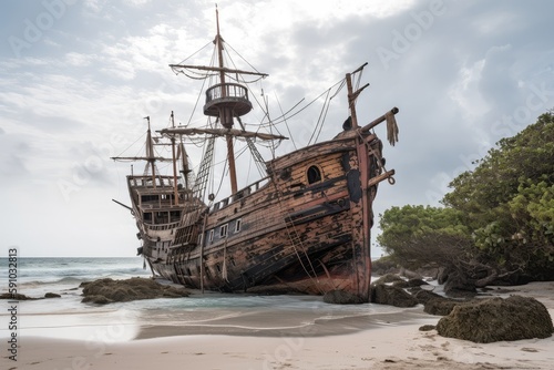 pirate ship, deserted and decaying on deserted island, created with generative ai