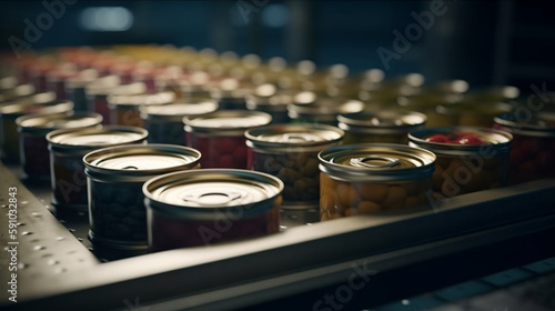 Canned food on conveyor belt in factory. Generative Ai