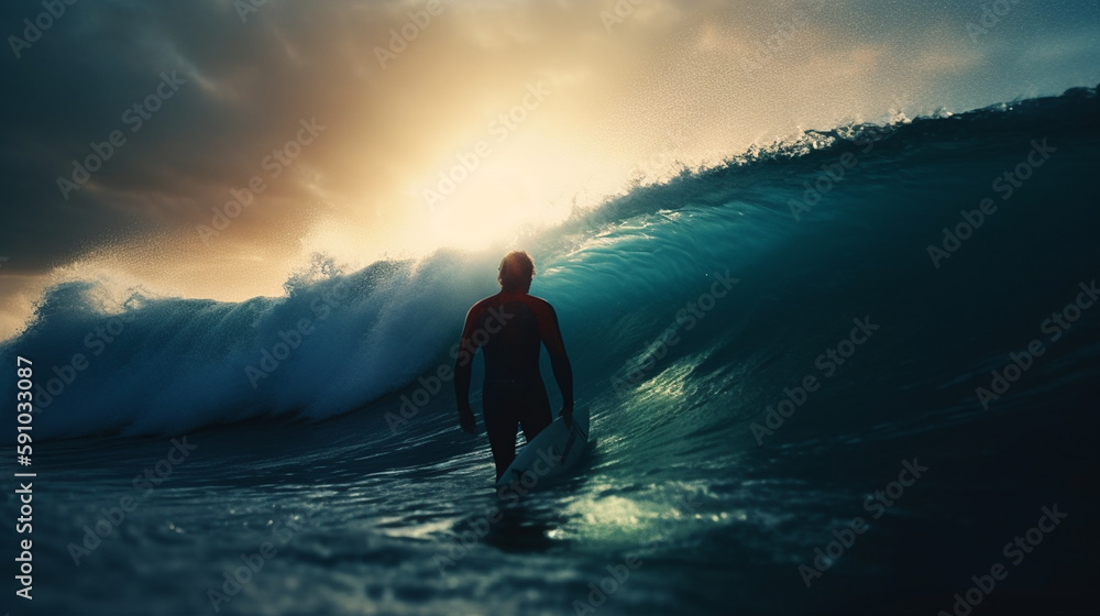 Surfer in the ocean with a surfboard. Generative Ai