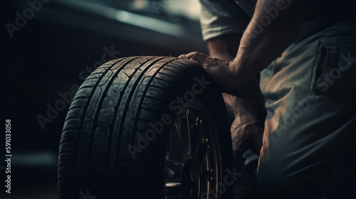 Car mechanic repairing car wheel in garage. Generative Ai © andranik123