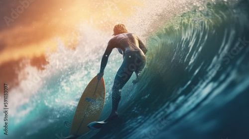 Surfer in the ocean with a surfboard. Generative Ai © andranik123