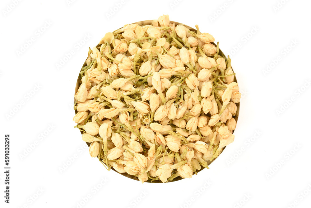 Top view of Dried Jasmine flowers on white background. Heap pile of Jasmine buds. herbal Tea ingredients. floral texture, pattern. Fragrant Natural Pure Jasmine Buds Organic Dried Jasmine Flowers.