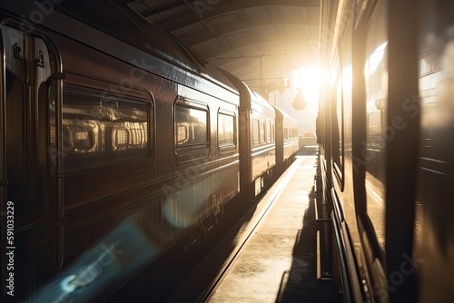 trains roll past sunflare, with rays of sunlight shining through the window, created with generative ai