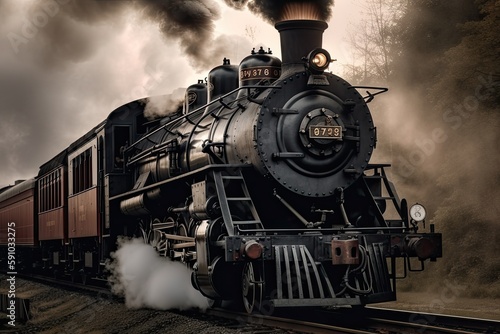 old steam locomotive, with smoke drifting from its chimney, created with generative ai