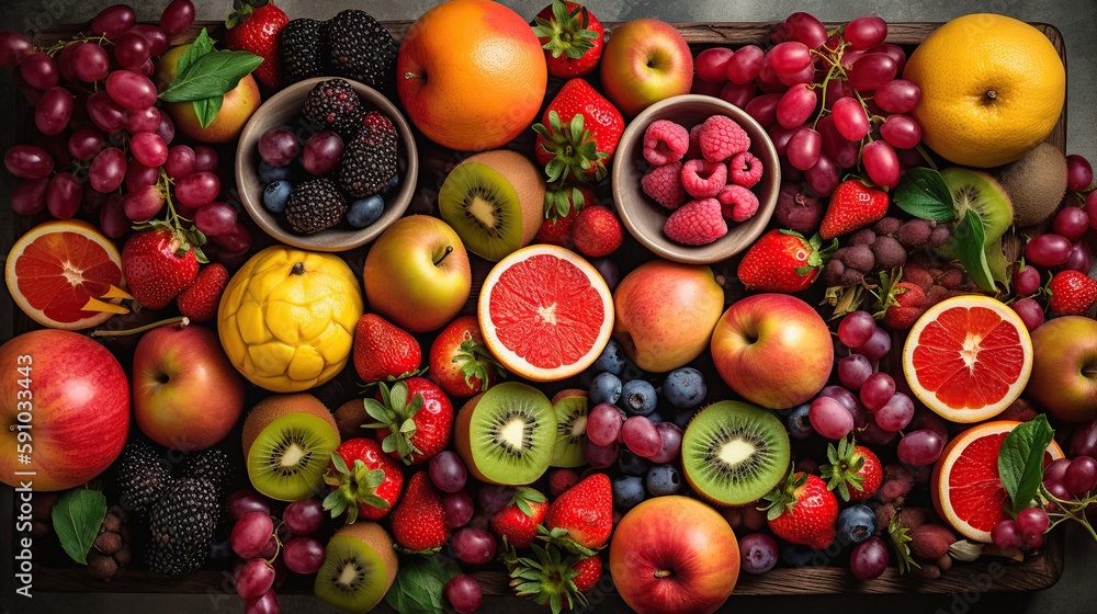 a variety of fruits including kiwis strawberries oranges and other fruits, generative ai a variety of fruits including kiwis strawberries oranges and other fruits, generative ai