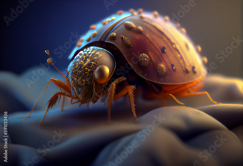 illustration of mite micrography of a microscopic tick on bed background. ai