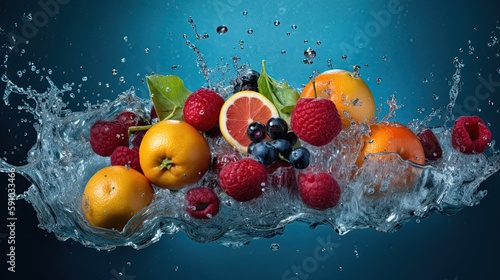 fruits splashing in the water with a blue background  generative ai