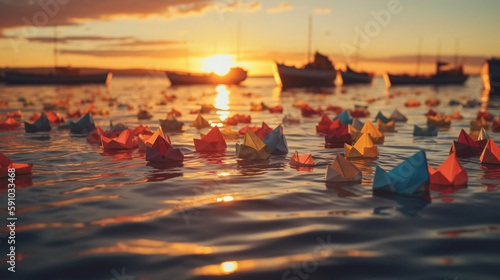 Colorful paper boats in the sea. Generative Ai
