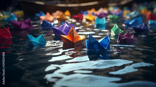 Colorful paper boats in the sea. Generative Ai © andranik123