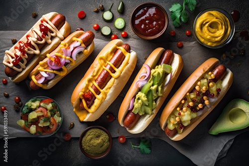 a plate of hot dogs, each dressed with different condiments and toppings, created with generative ai