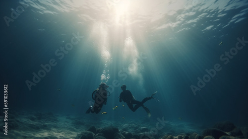 Two divers swimming underwater. Generative Ai