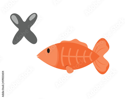 Concept Alphabet X X-ray tetra fish. This illustration is a flat vector cartoon design featuring the alphabet letter X and an x-ray tetra fish. Vector illustration.