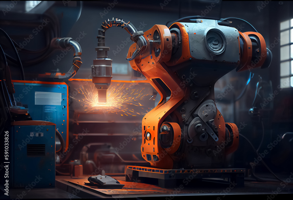 illustration of car manufacturing factory robotic assembly by robotconcept .ai