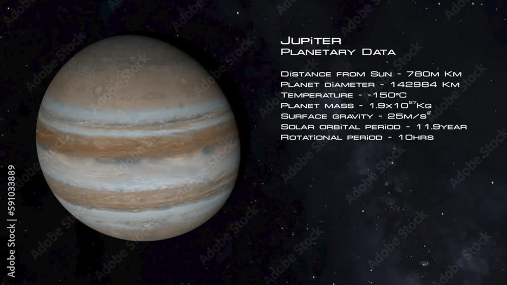 Planet Jupiter on the starry background. And its characteristics on the right. Planet Jupiter on the starry background. And its characteristics on the right.