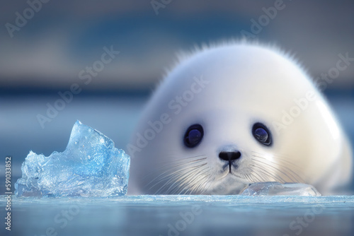 Cute white baby harp seal pup laying on the blue ice by the water, generative AI
