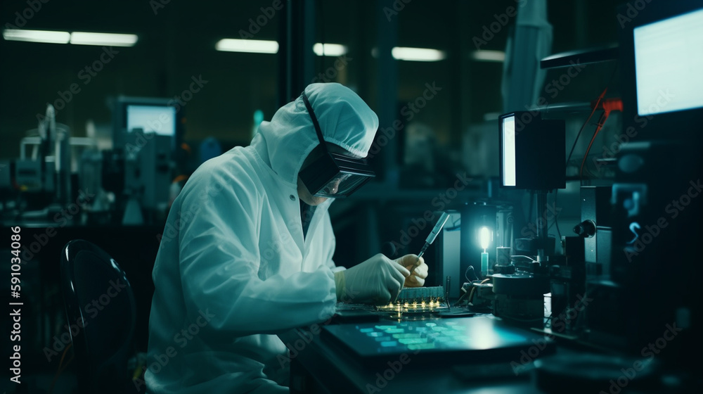 Scientist in protective suit working on microprocessors. Generative Ai Scientist in protective suit working on microprocessors. Generative Ai