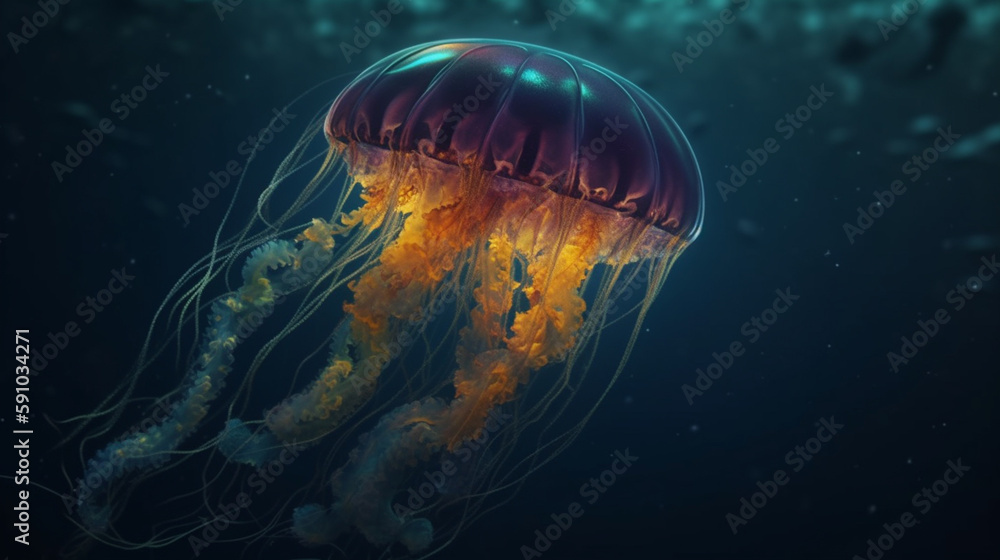 Fototapeta premium Jellyfish in the deep blue sea. Generative Ai