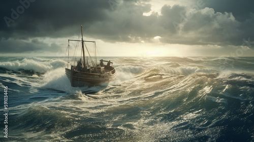 Ship in stormy sea. Generative Ai © andranik123