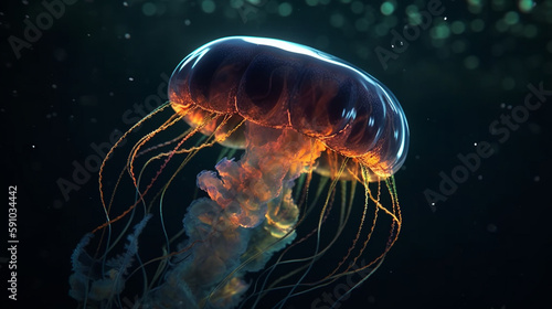 Jellyfish in the deep blue sea. Generative Ai © andranik123