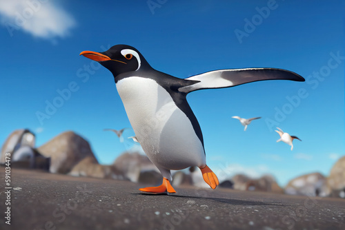 Cartoon style happy little penguin walking with wings spread  generative ai