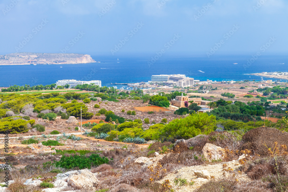 Coastal landscape of Mellieha taken on a sunny summer day. Malta