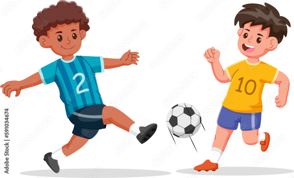 Boys playing football together, two happy little kids playing football. Vector illustration