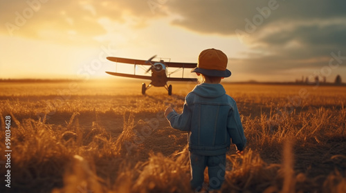 Child with airplane. Generative Ai